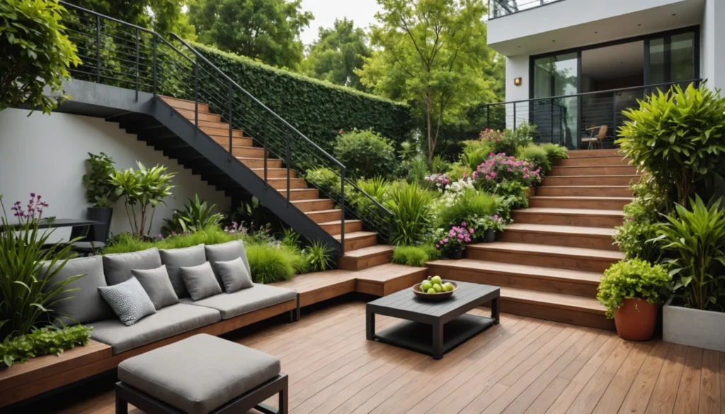 terrasse avec escaliers vers la maison